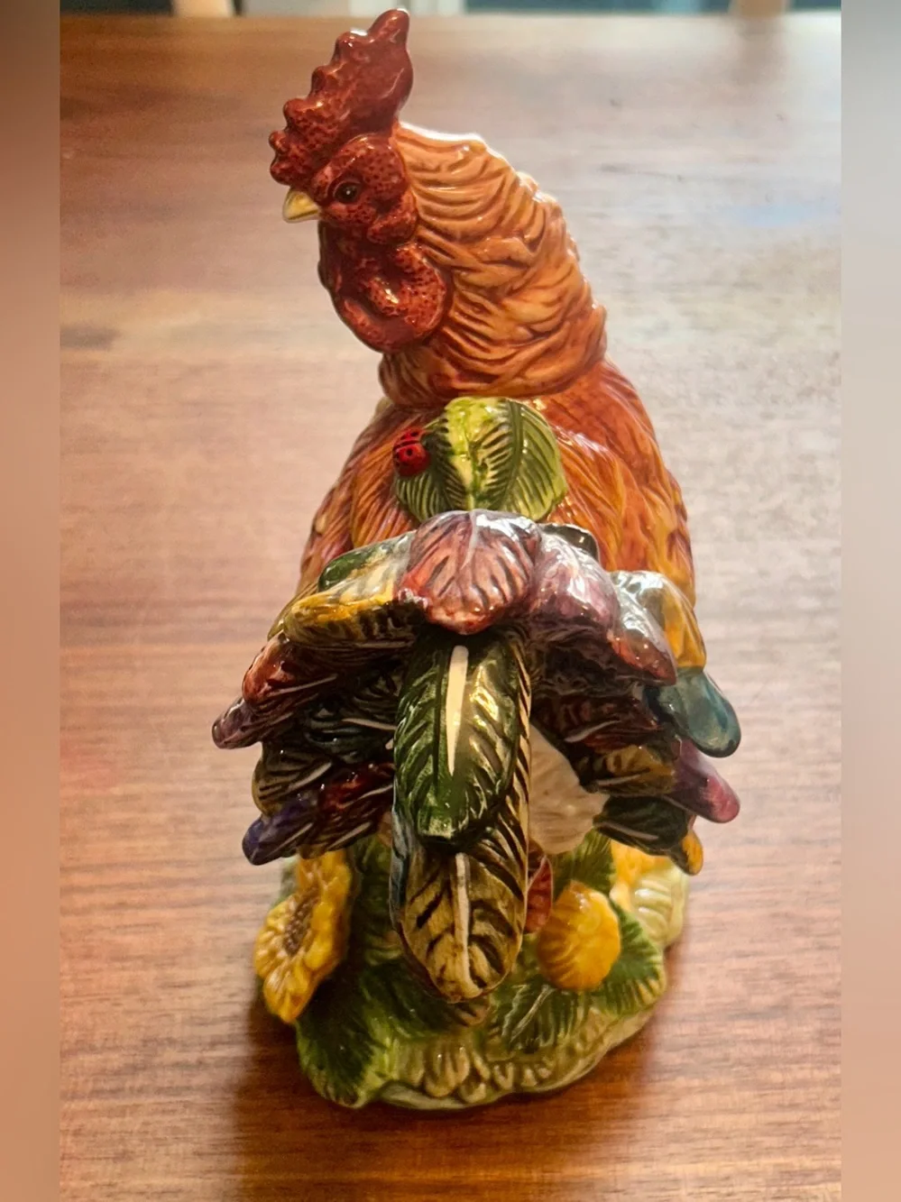 Ceramic Rooster chicken Pitcher Nestled in Sunflowers Ladybugs Colorful 10.5